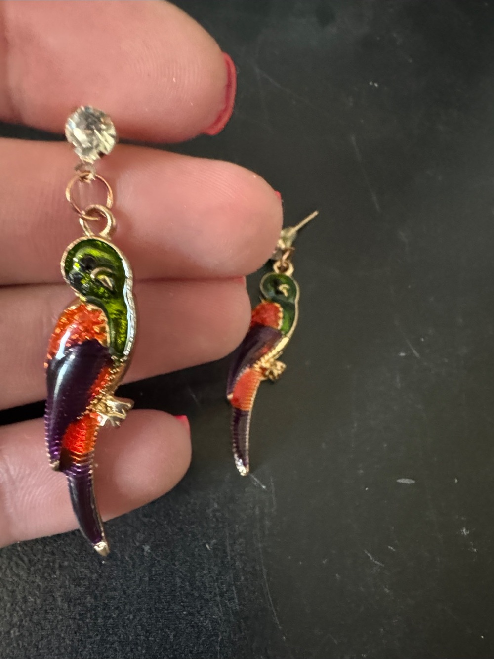 Colorful Parrot Drop Earrings - Green, Orange & Purple - Picture 2 of 2